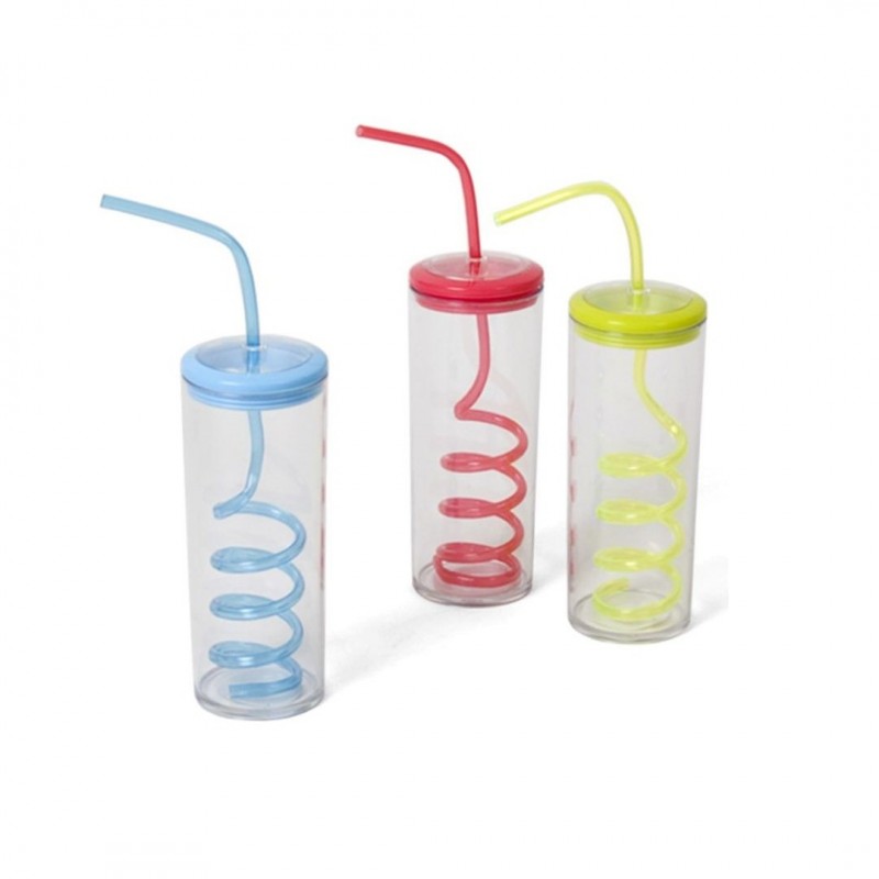 BWG Set di 4 bicchieri trasparenti in plastica colorata con coperchio e cannuccia a spirale
